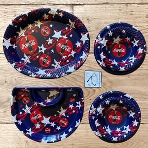 Coca-Cola Patriotic Plasticware Tray, 2-Plates, 2-Bowls, Chip dip Tray Bundle